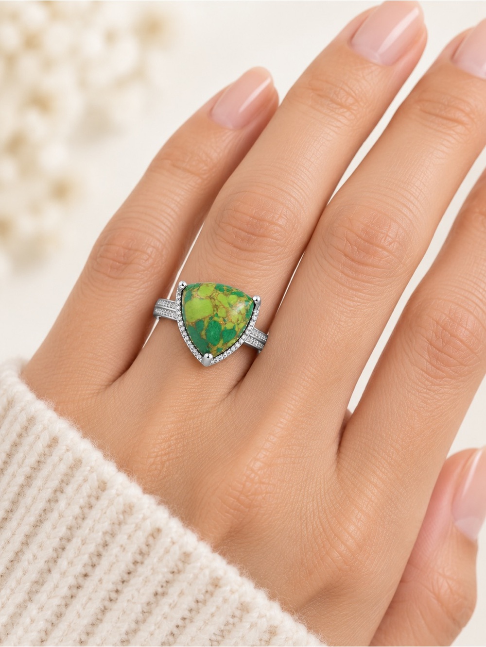 Mojave Green Turquoise Trillion Ring Platinum Bond Brass 4.90 ctw